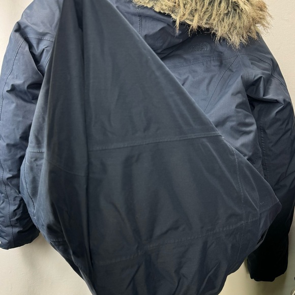 North Face Down Parka Fur Hood Navy Blue Women’s Large Long Coat Goosedown - Picture 9 of 10